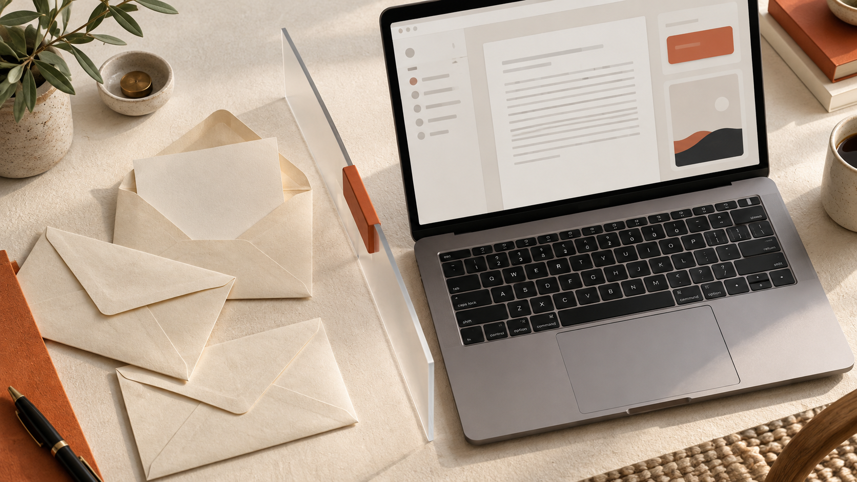 Conceptual illustration of a laptop separated from paper envelopes by a translucent divider.