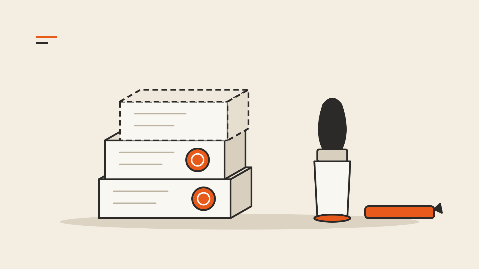 Three stacked ledger blocks, the lower two marked with orange wax seals and the top one outlined in dashes, beside a seal stamp and a stick of sealing wax