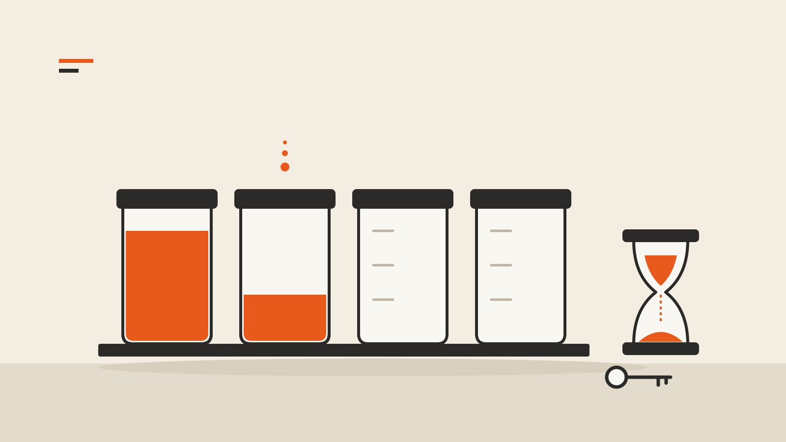 Four lidded jars on a shelf, the first full of orange, the second partly filled and two empty, beside an hourglass and a small key