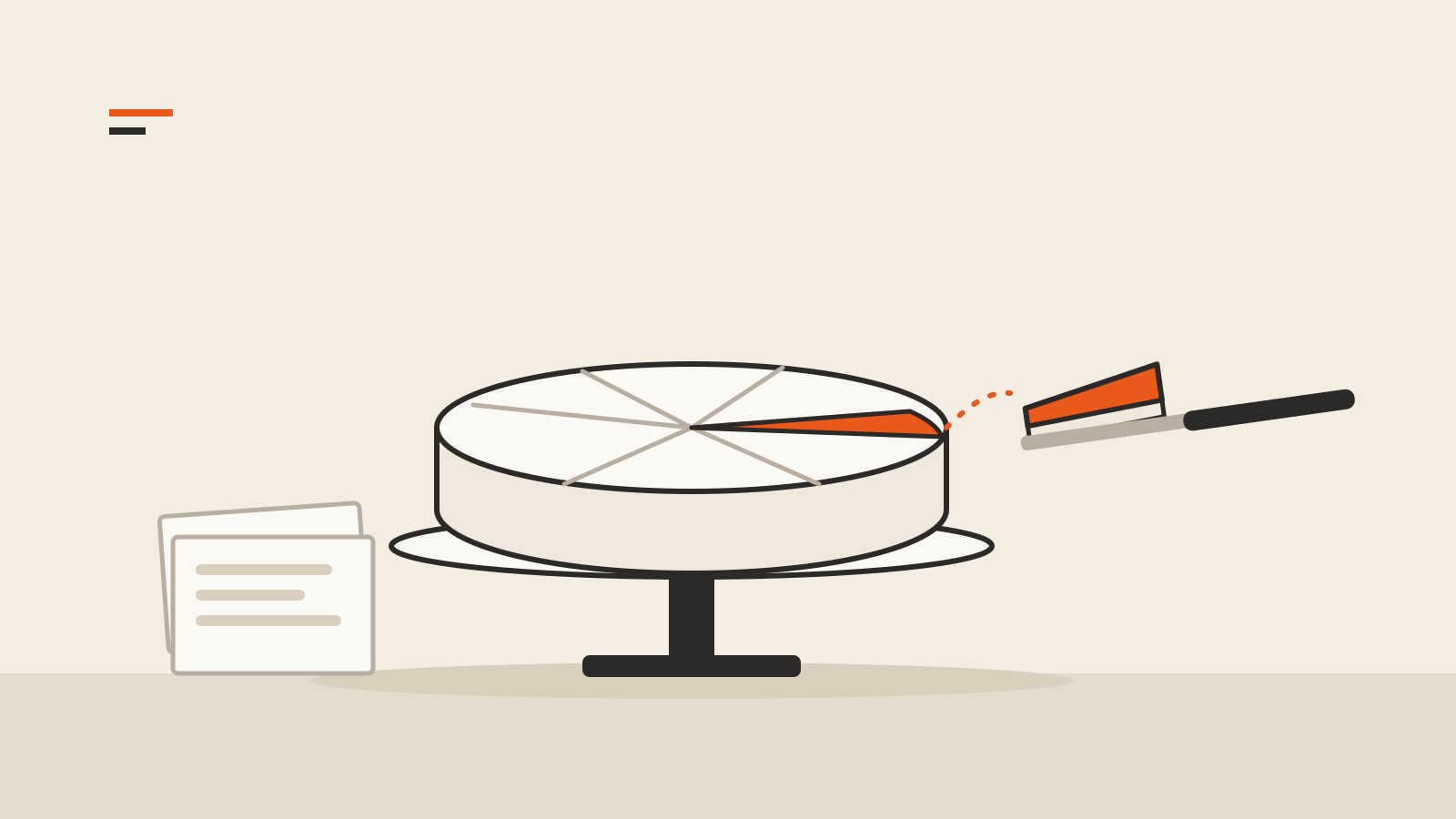 A round cake on a stand with one orange slice marked, and a server lifting an extra orange sliver beside it