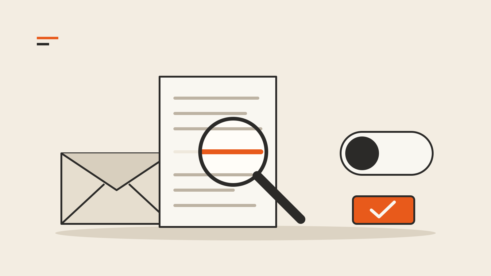 A letter beside an envelope, with a magnifying glass revealing a hidden orange line of text, next to a switch and an approval button