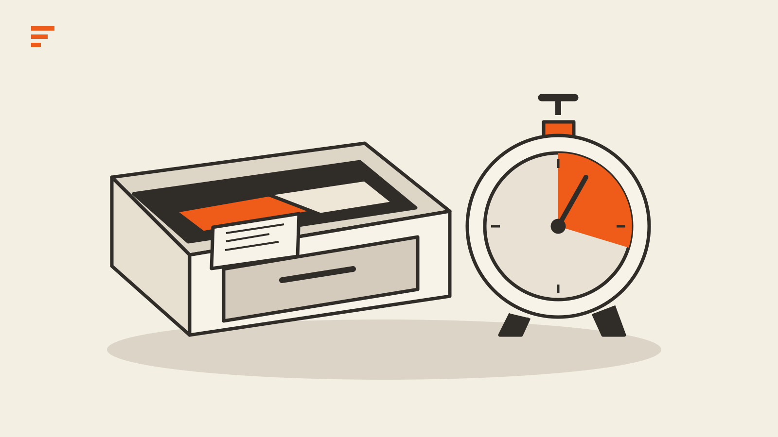 An open cash drawer and a mechanical timer on a cream tabletop.